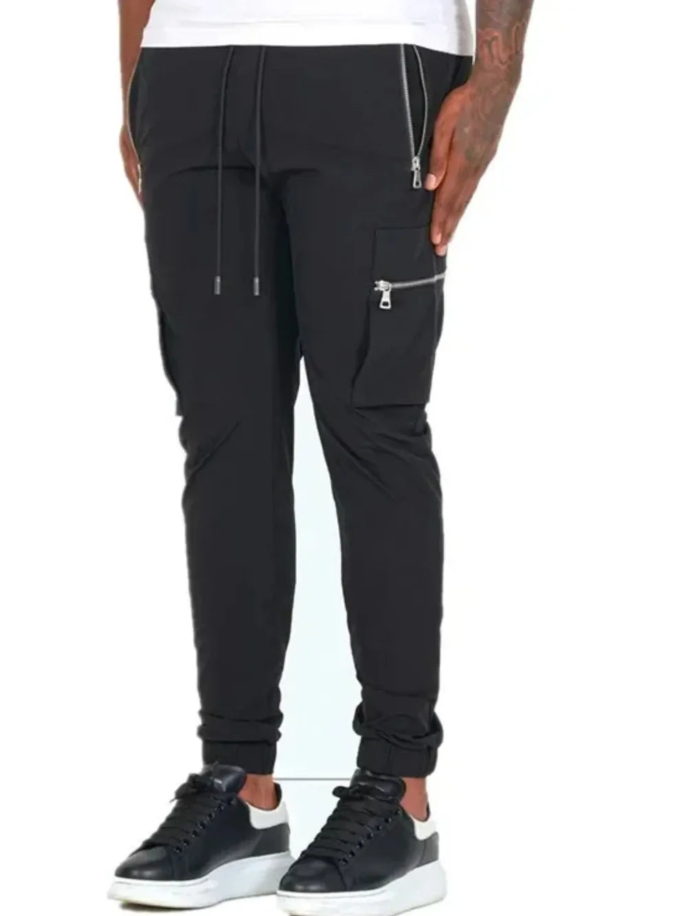 Stylish black Trendsi affordable men's casual pants with zippered pockets and adjustable drawstring.