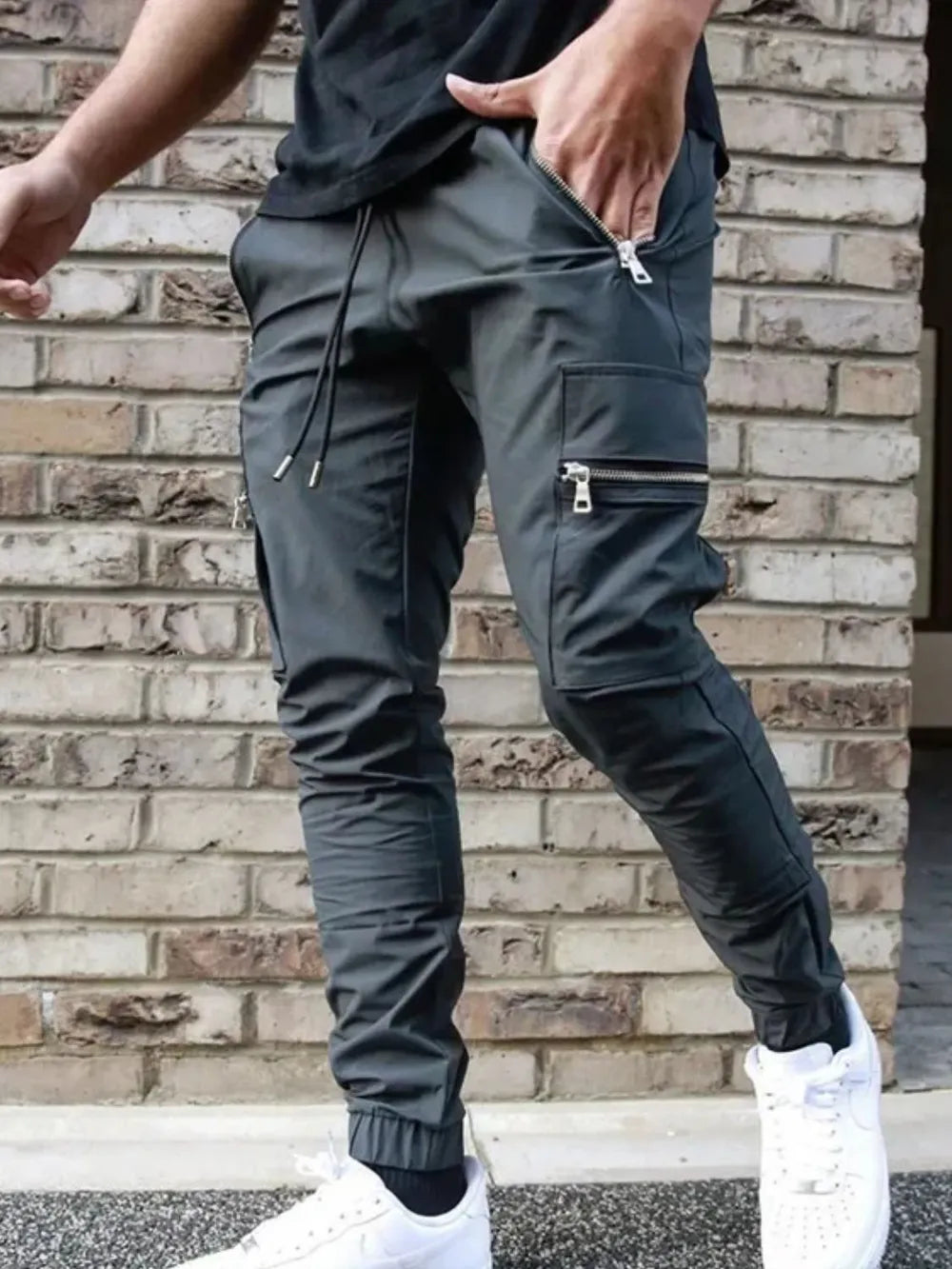 Trendsi affordable men's casual pants in dark gray with zippered pockets and elastic cuffs
