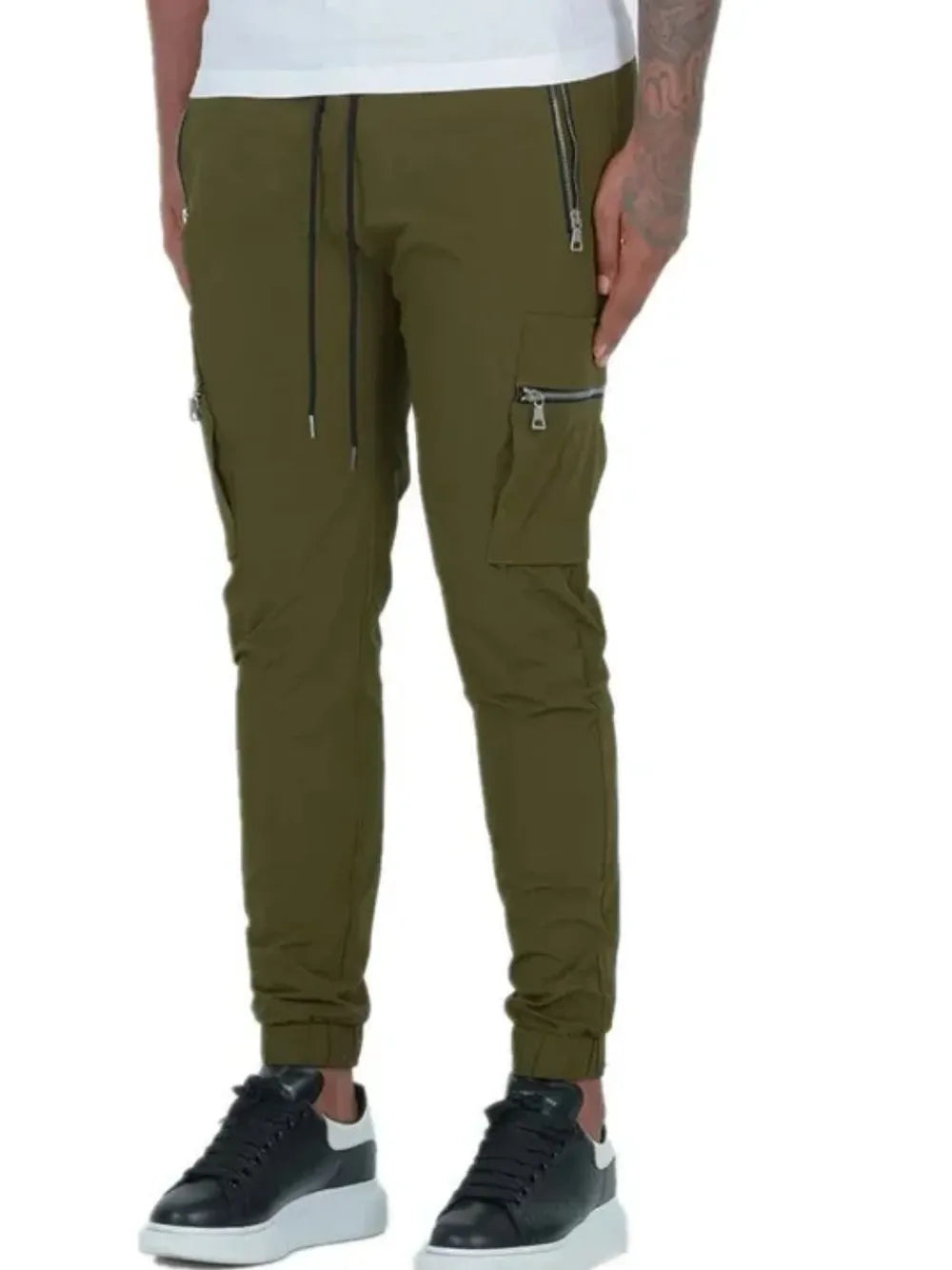 Trendsi affordable men's casual pants in olive green with zip pockets and adjustable drawstring