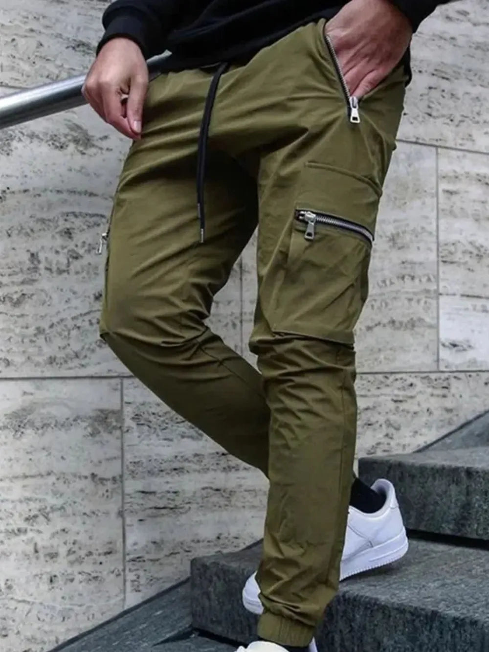 Trendsi affordable men's casual pants in olive green with zippered pockets for a trendy look