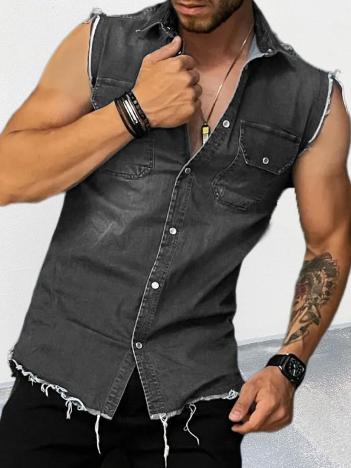 affordable sleeveless denim top with raw hem and button-up design for a casual look
