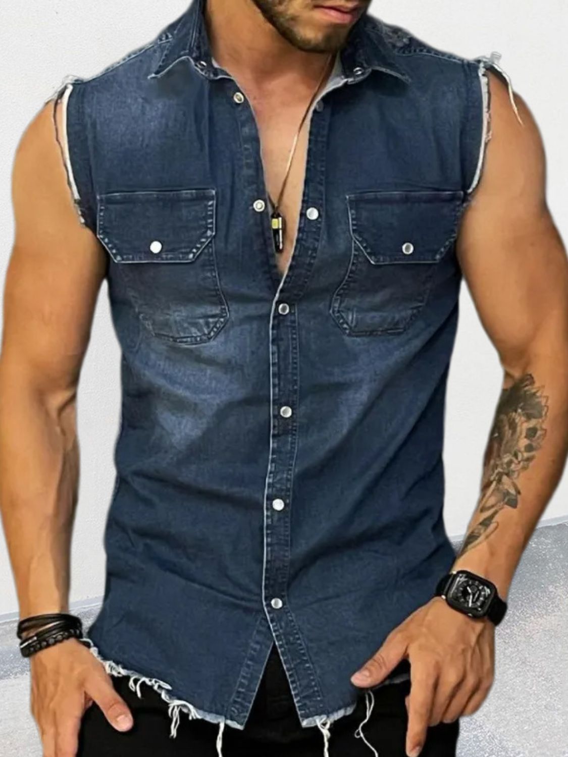 affordable sleeveless denim top featuring a relaxed fit and frayed hem for a stylish look