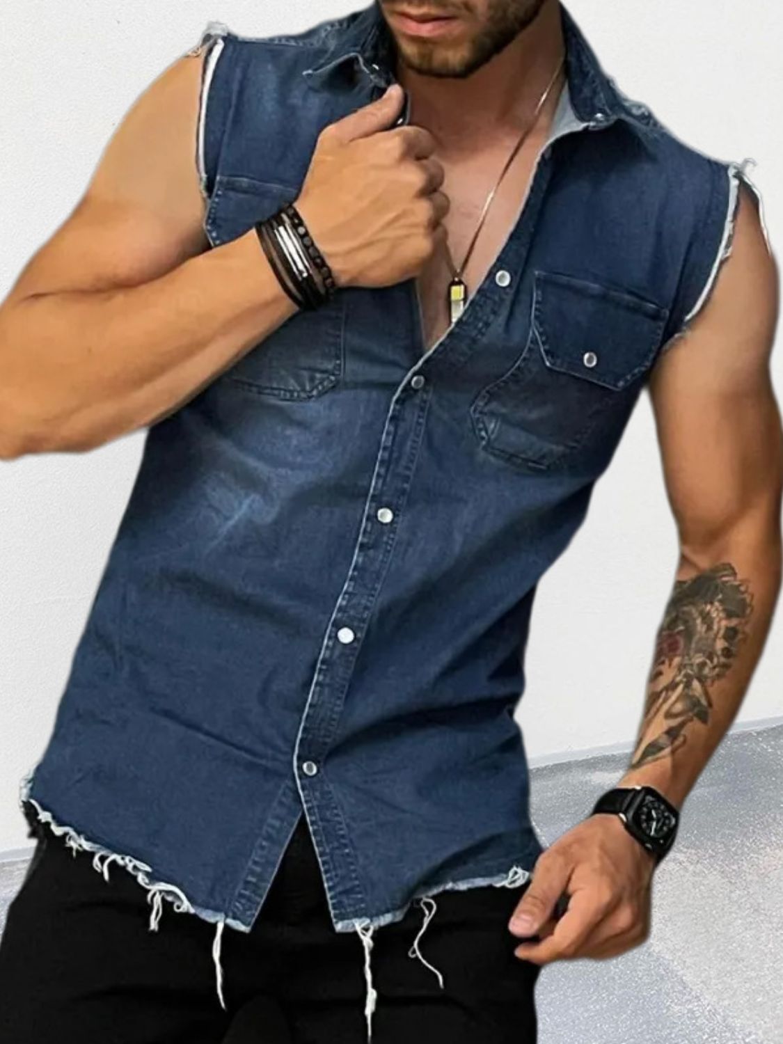 Stylish affordable sleeveless denim top for men with distressed details and button-up front