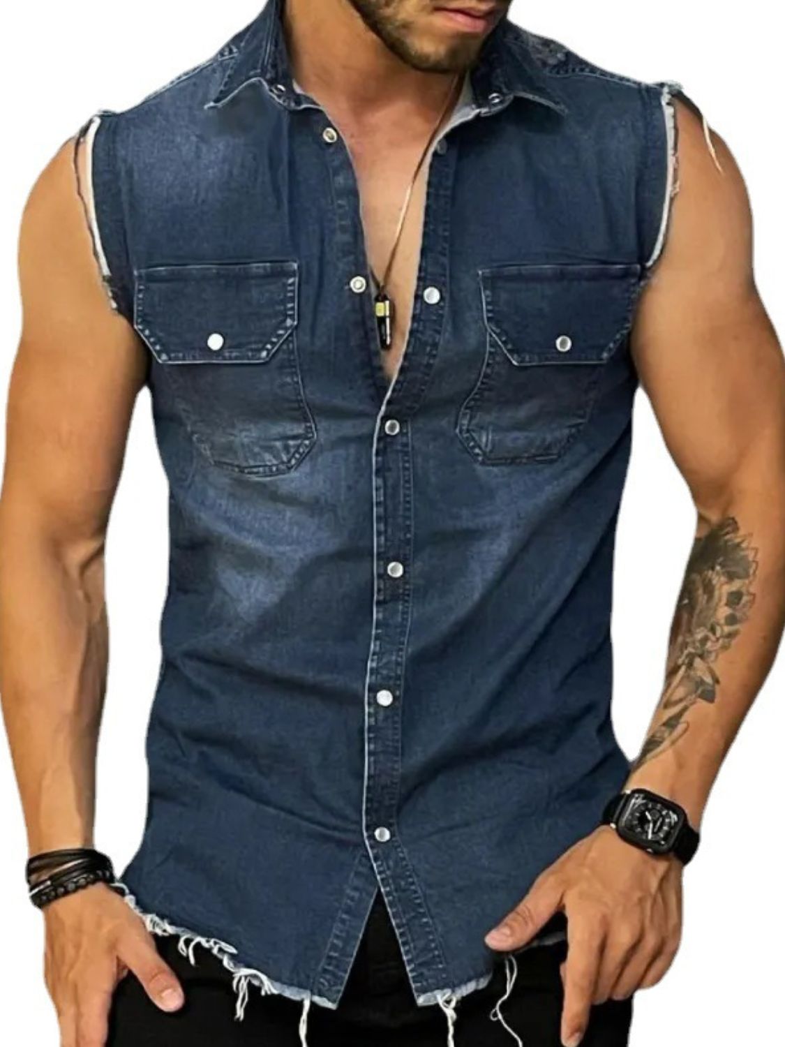 Affordable sleeveless denim top for men featuring a casual style and frayed hem detailing