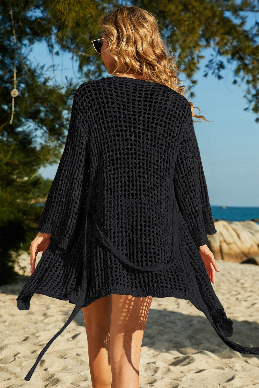 Trendsi black beach openwork cover up with flowing design perfect for summer outings