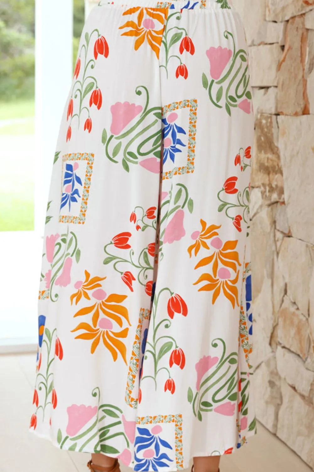 Trendy floral maxi skirt paired with a matching top for a stylish casual comfortable clothing set