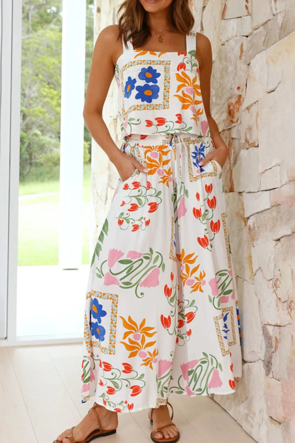 Trendsi floral casual comfortable clothing set with pockets and wide-leg pants in vibrant colors