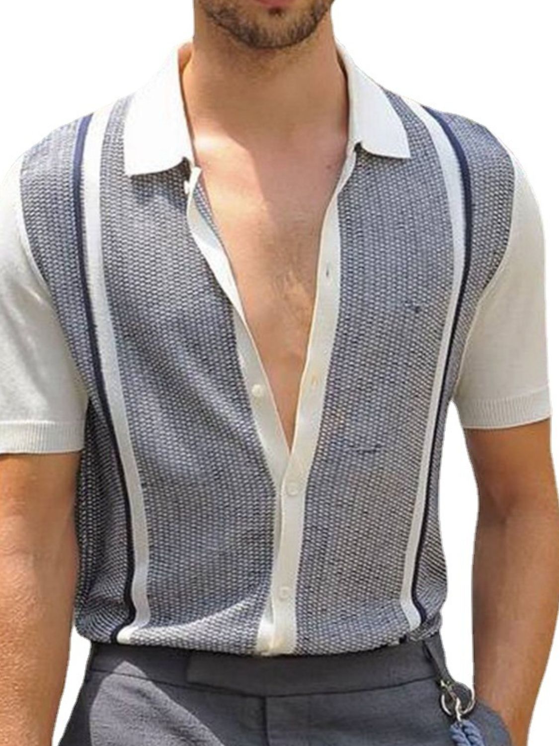 Men's Short Sleeve Casual Shirt for Men in Grey with Striped Design and Buttoned Front