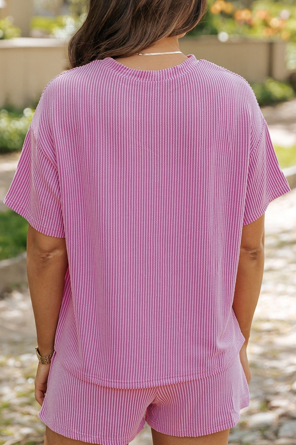 Trendsi Easter bunny T-shirt set in pink stripes with a relaxed fit and short sleeves