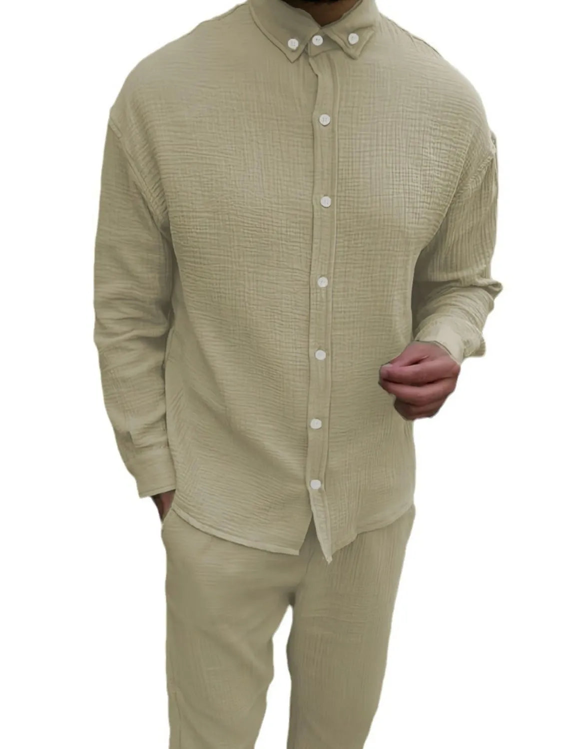 Beige long sleeve shirt set for men featuring a relaxed fit with matching pants
