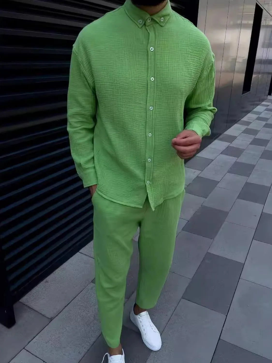 Trendsi long sleeve shirt set for men in vibrant green with matching pants, perfect for casual outings