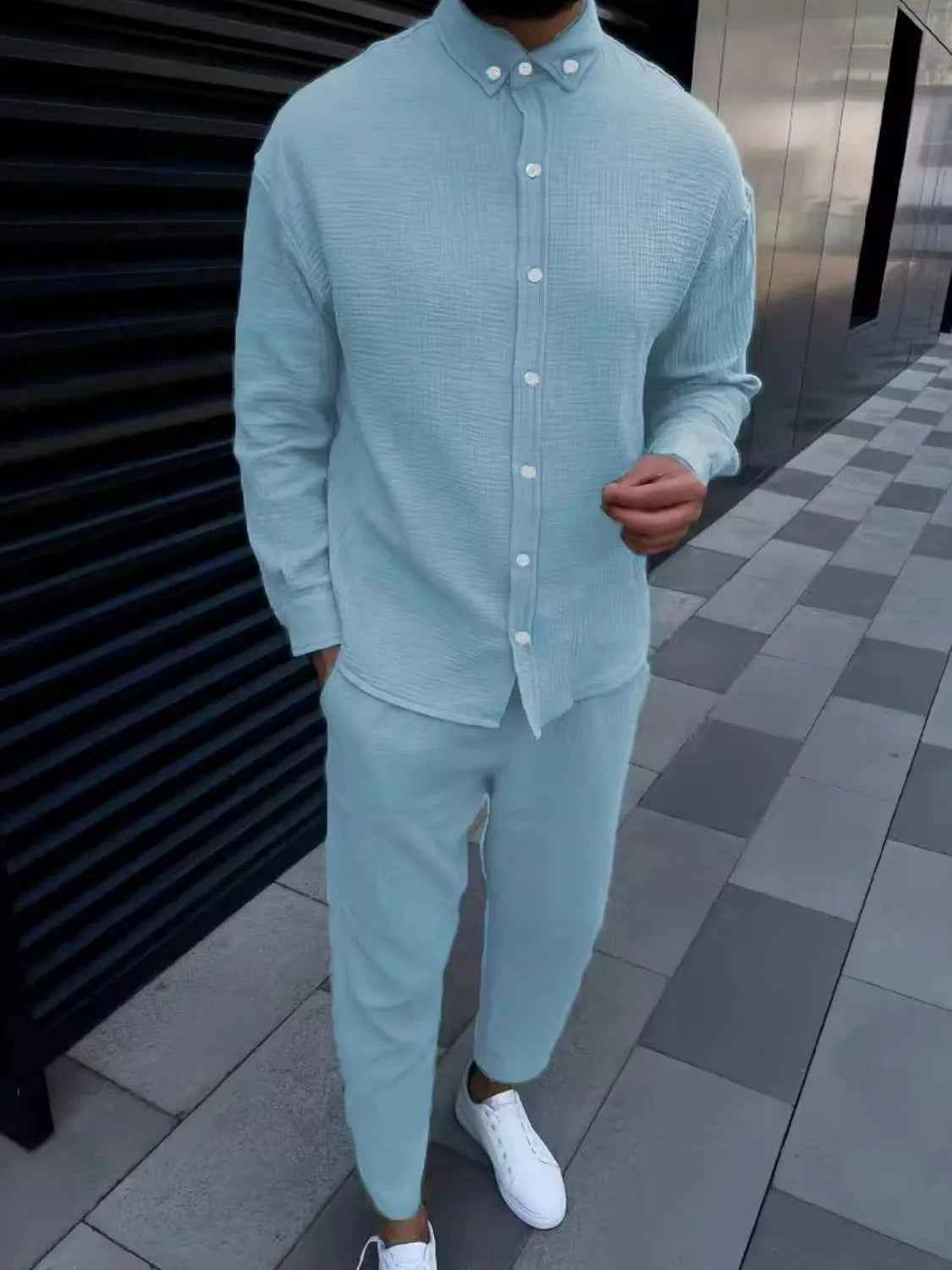 Trendsi long sleeve shirt set for men in light blue with matching pants for a stylish look