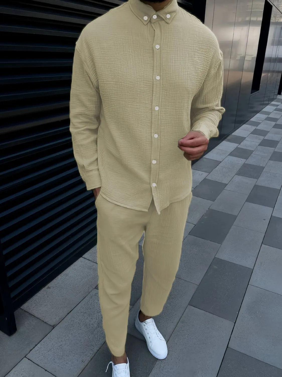 Cream long sleeve shirt set for men with matching pants and casual white sneakers