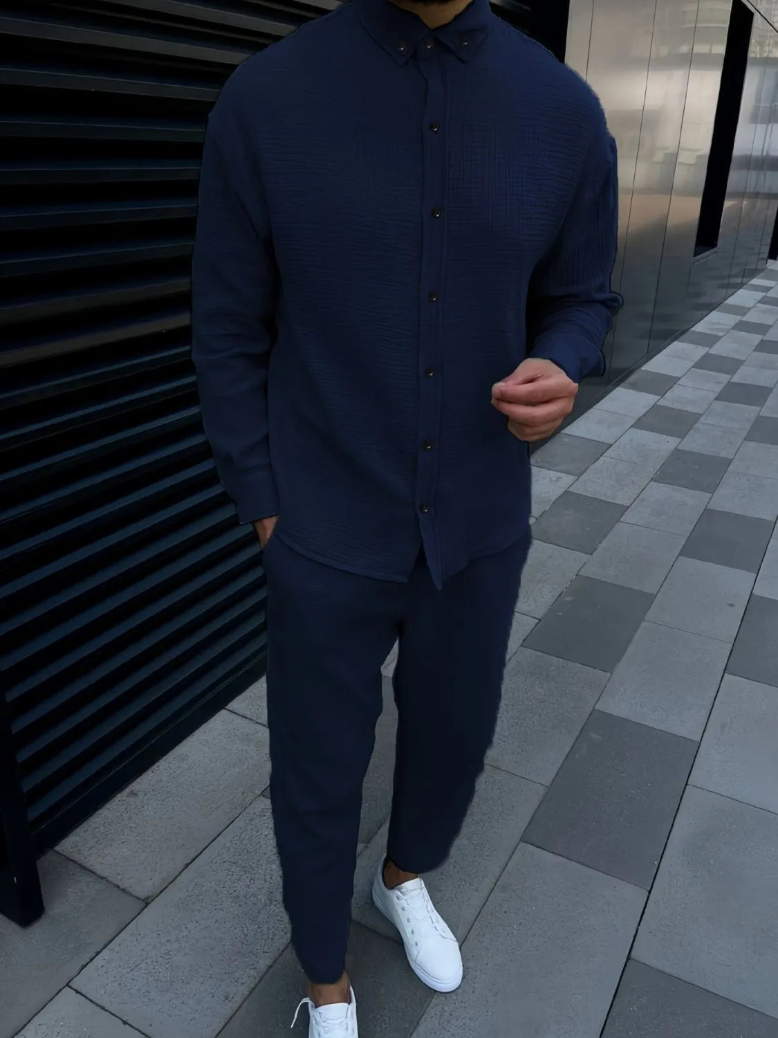 Trendsi long sleeve shirt set for men in navy with coordinated pants for a stylish look