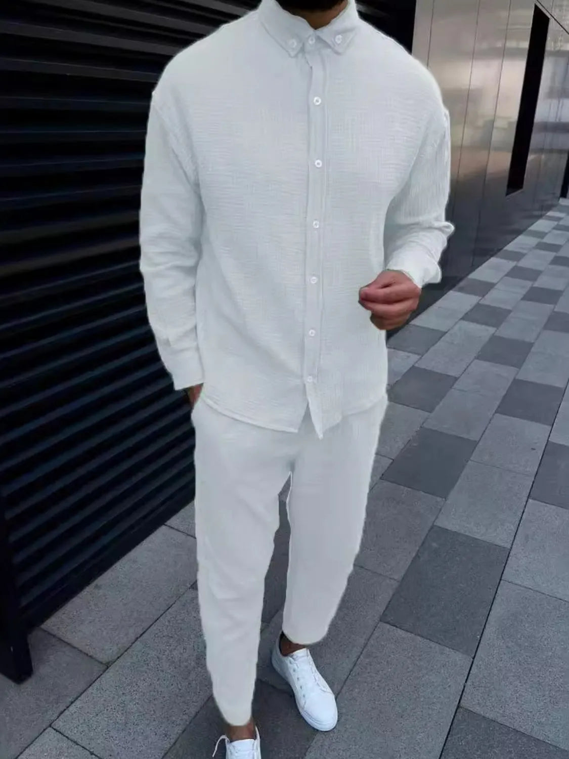 Trendsi long sleeve shirt set for men in white with stylish pants for a modern look
