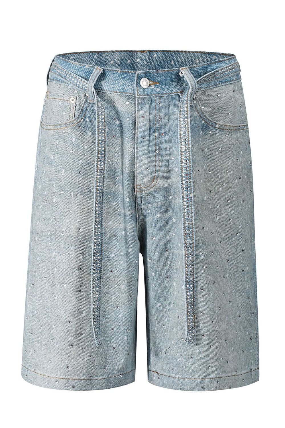 Trendsi men's rhinestone denim shorts in light blue with unique embellishments and relaxed fit