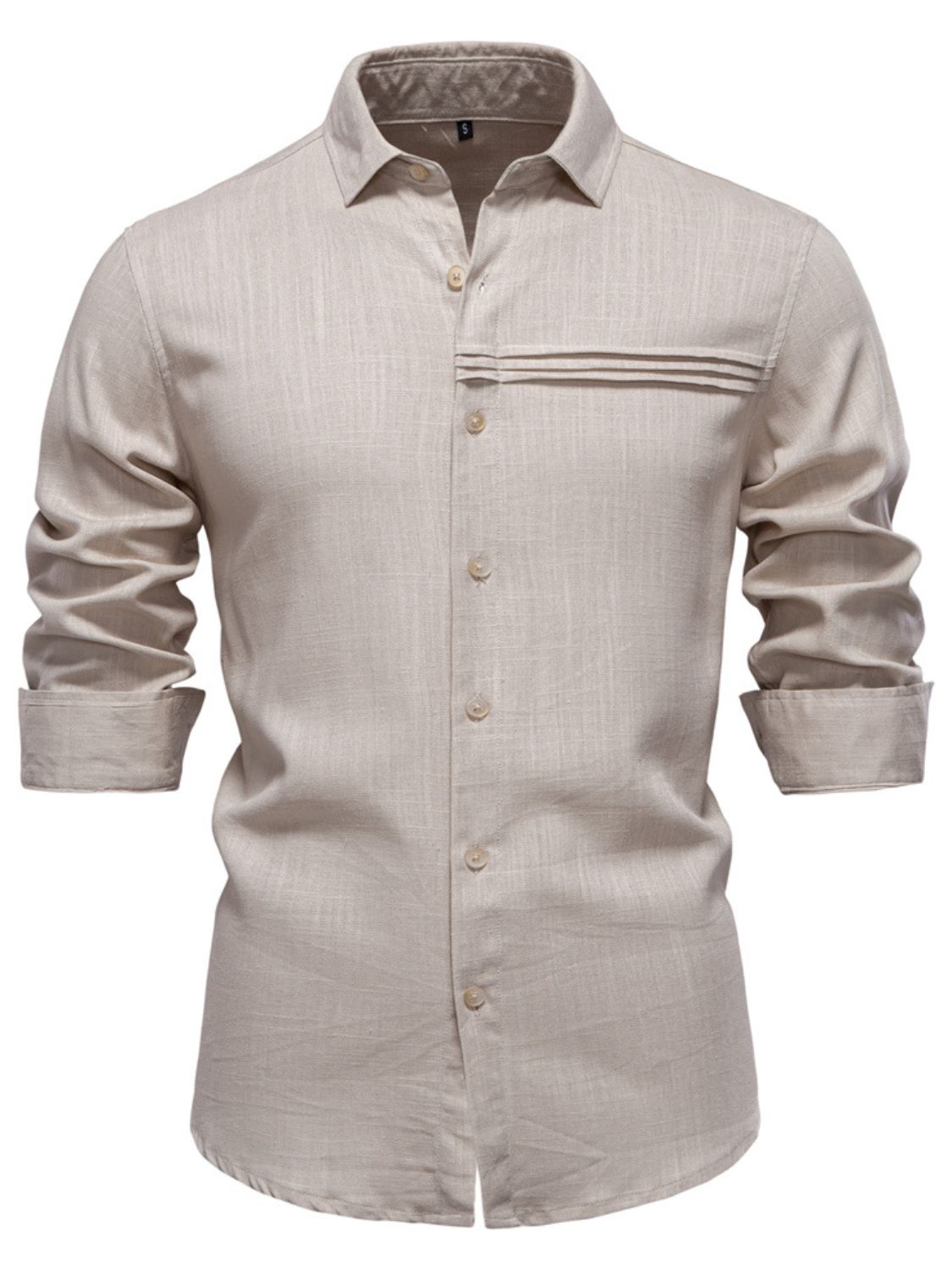 Men's collared button-down shirt in light beige with a stylish front pocket and rolled sleeves
