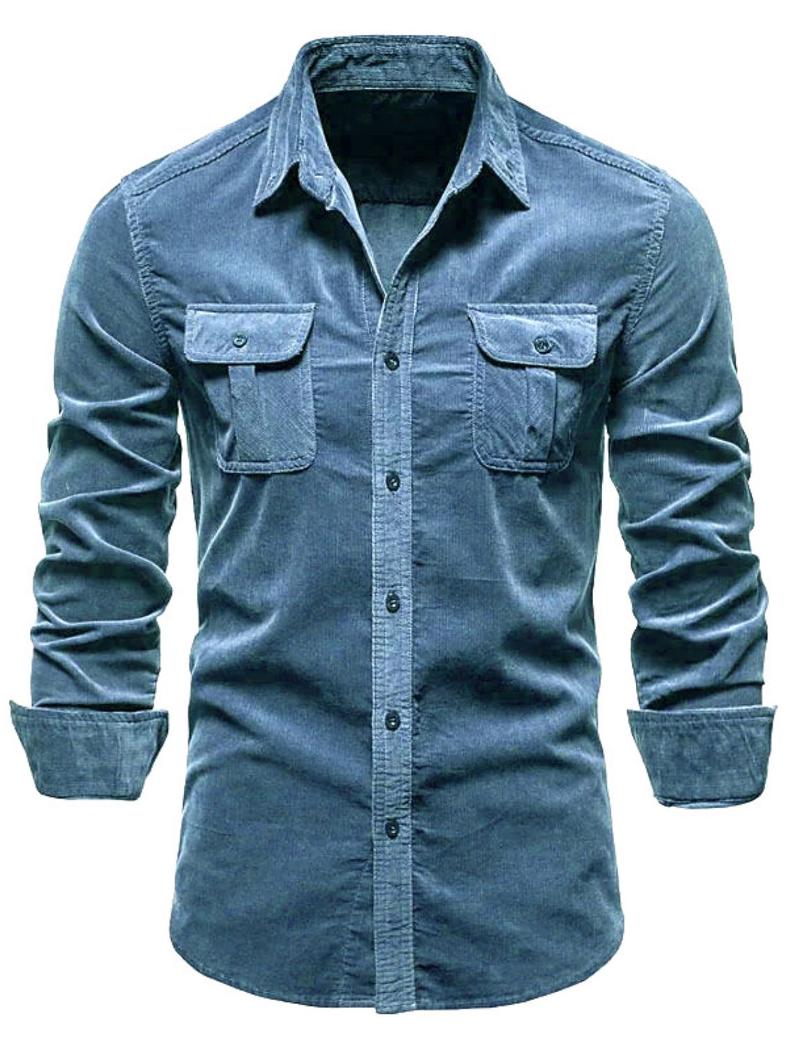 Trendsi men's collared button down shirt in blue with two front pockets and rolled cuffs