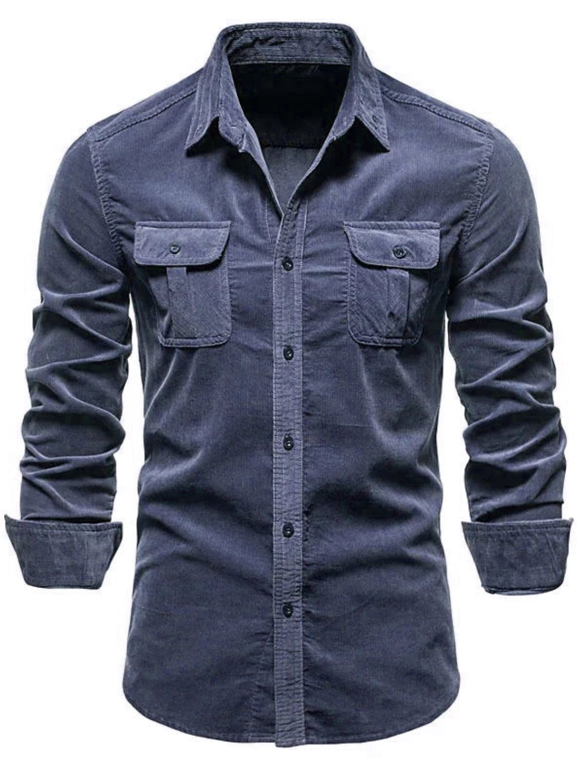 Men's collared button down shirt in navy blue with two chest pockets and roll-up sleeves