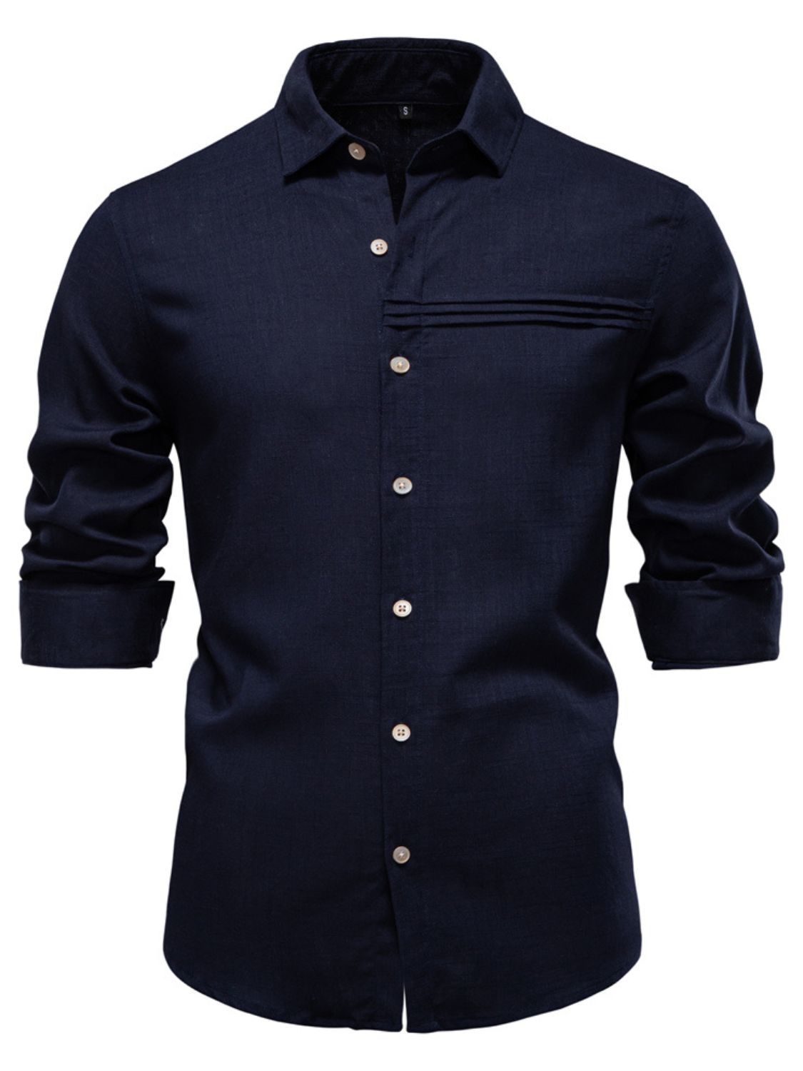 men's collared button-down shirt in dark navy with stylish pocket detail