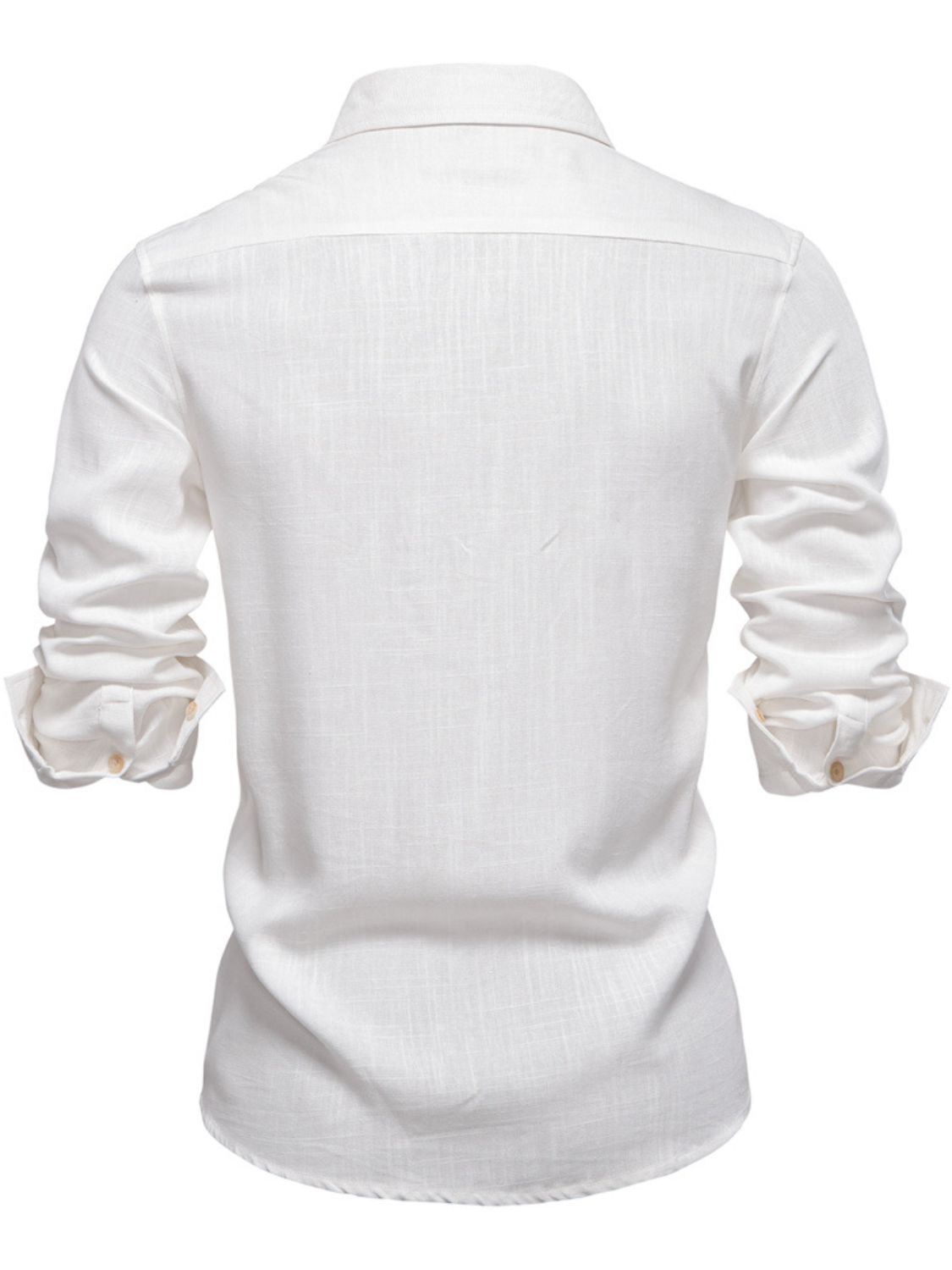 men's collared button-down shirt in white with rolled sleeves and soft fabric