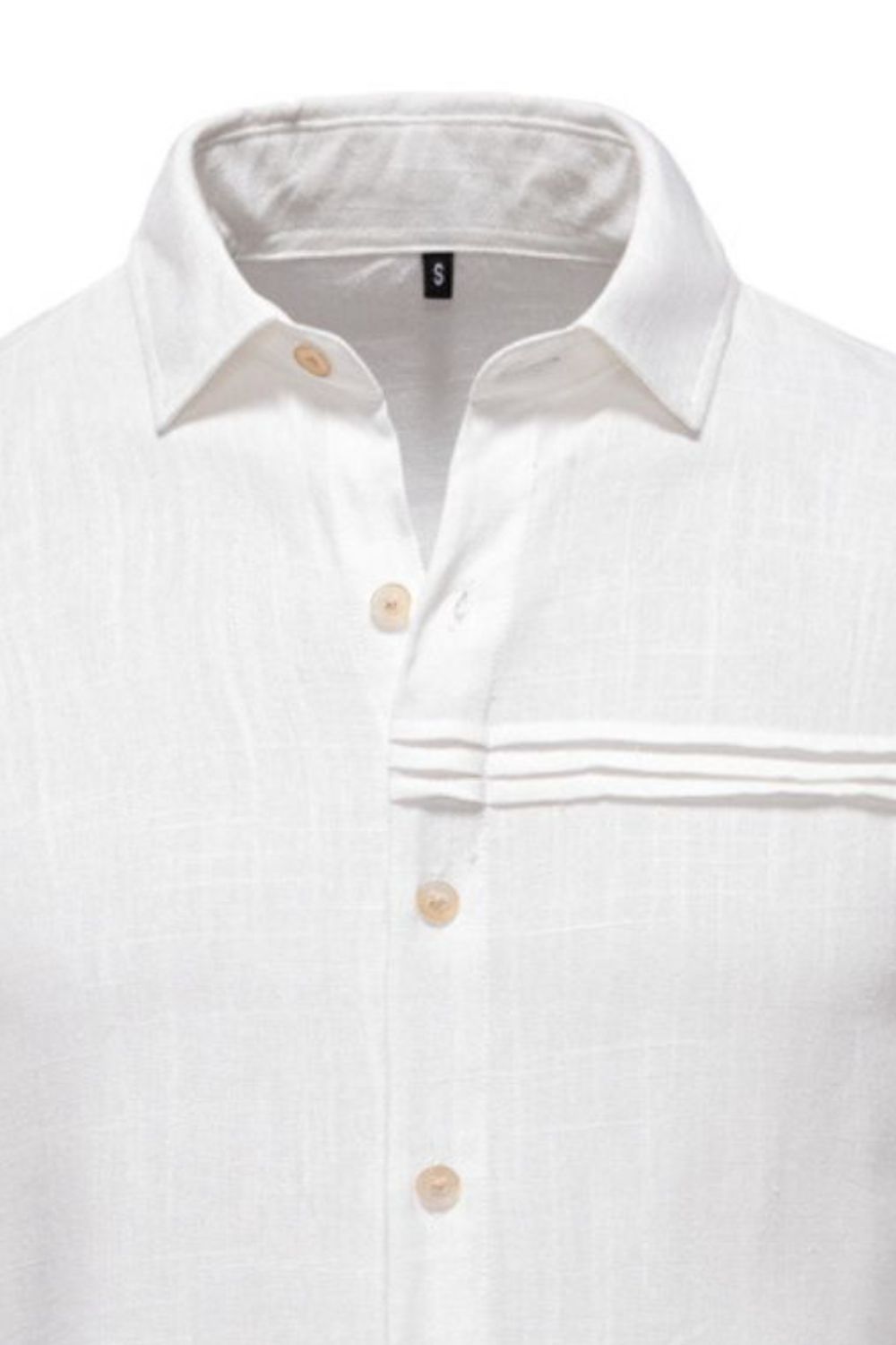 men's collared button-down shirt in white with a textured design and wooden buttons