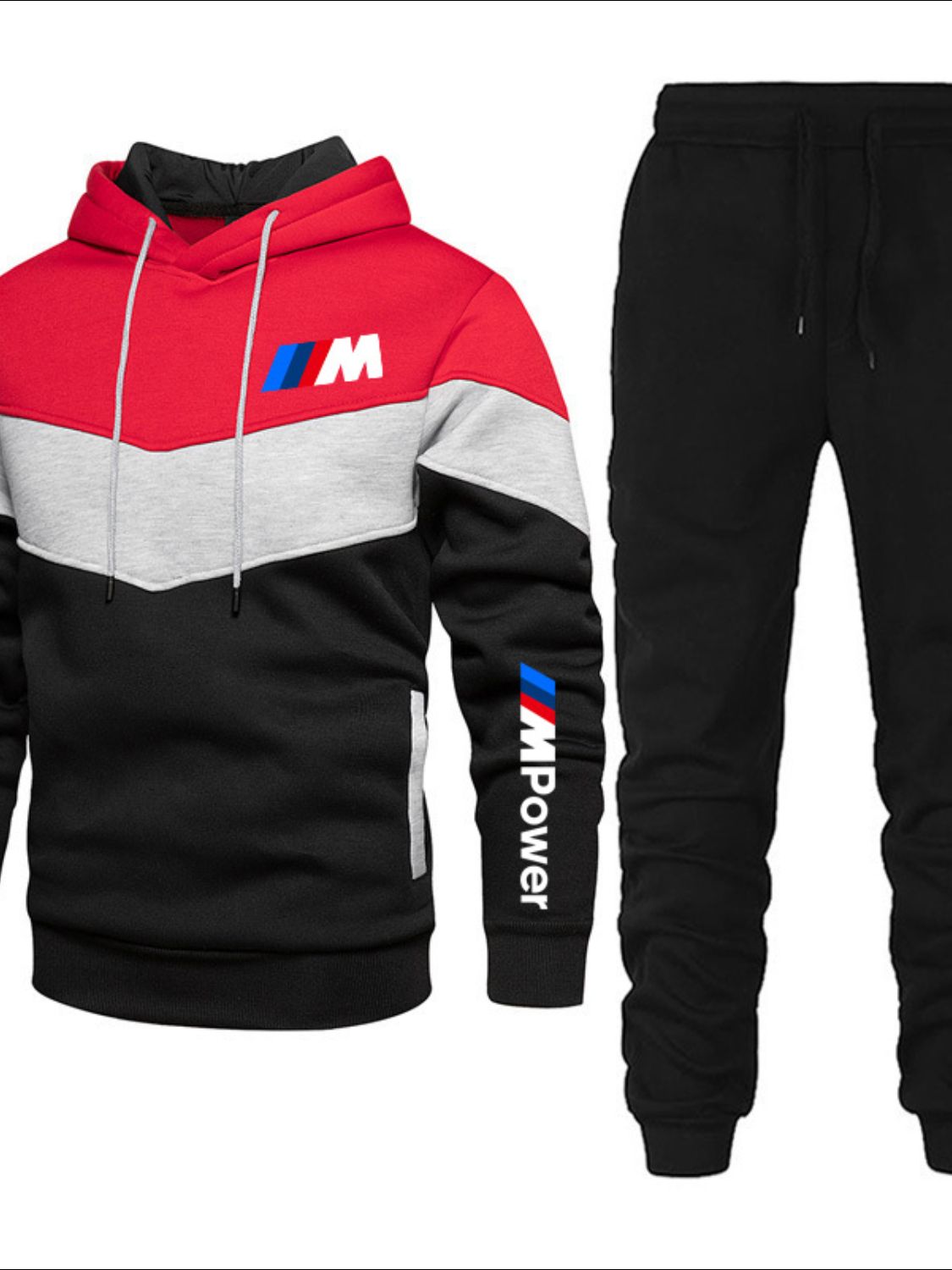 Red and black men's sports apparel set featuring a hoodie and sweatpants for active wear