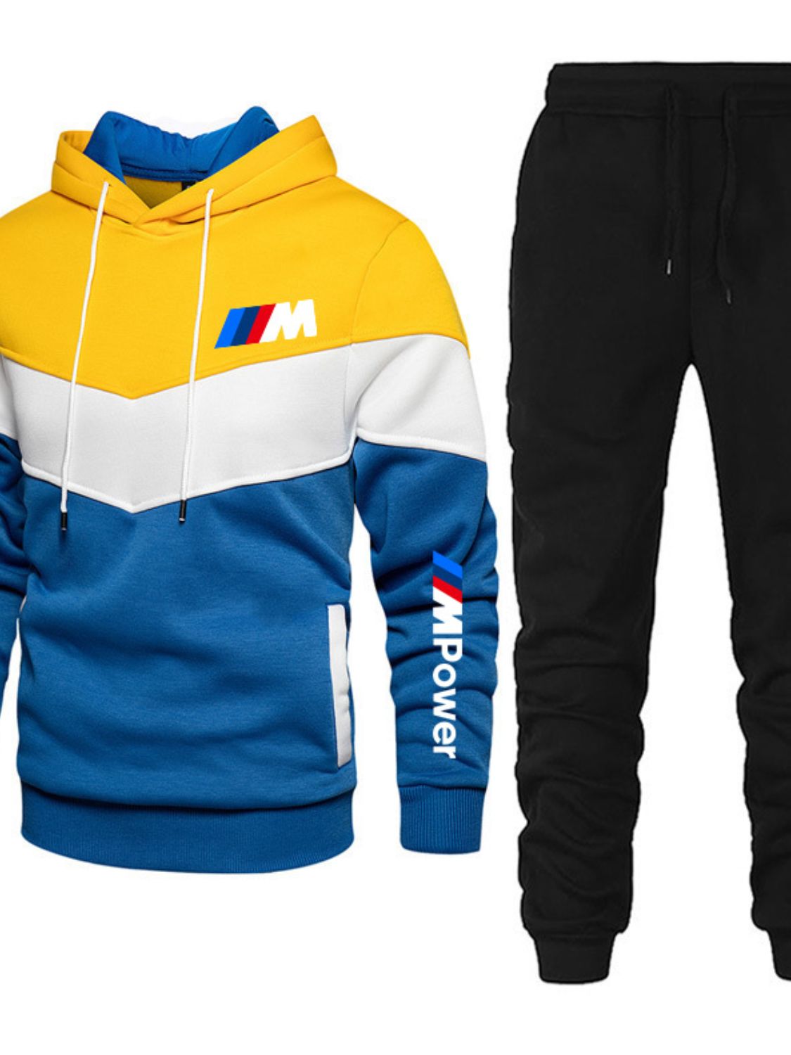 Trendsi Full size men's sports apparel featuring a color-block hoodie and black sweatpants
