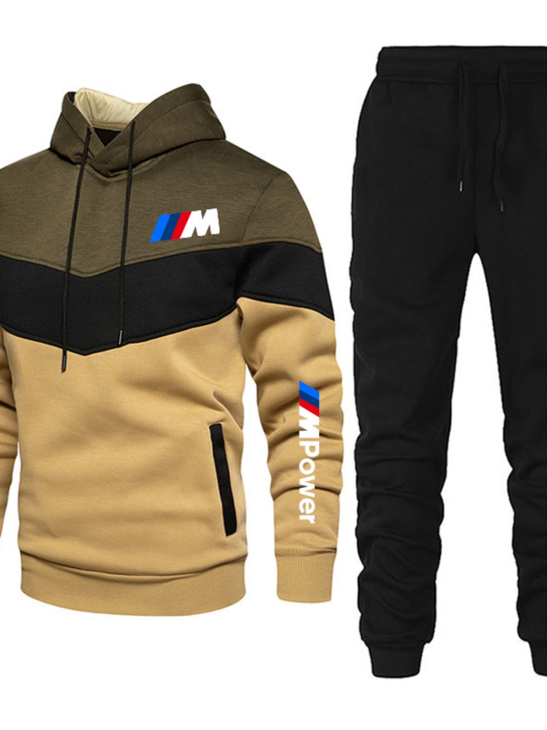 Trendsi full size men's sports apparel includes a stylish hoodie and jogger pants in black and tan colors