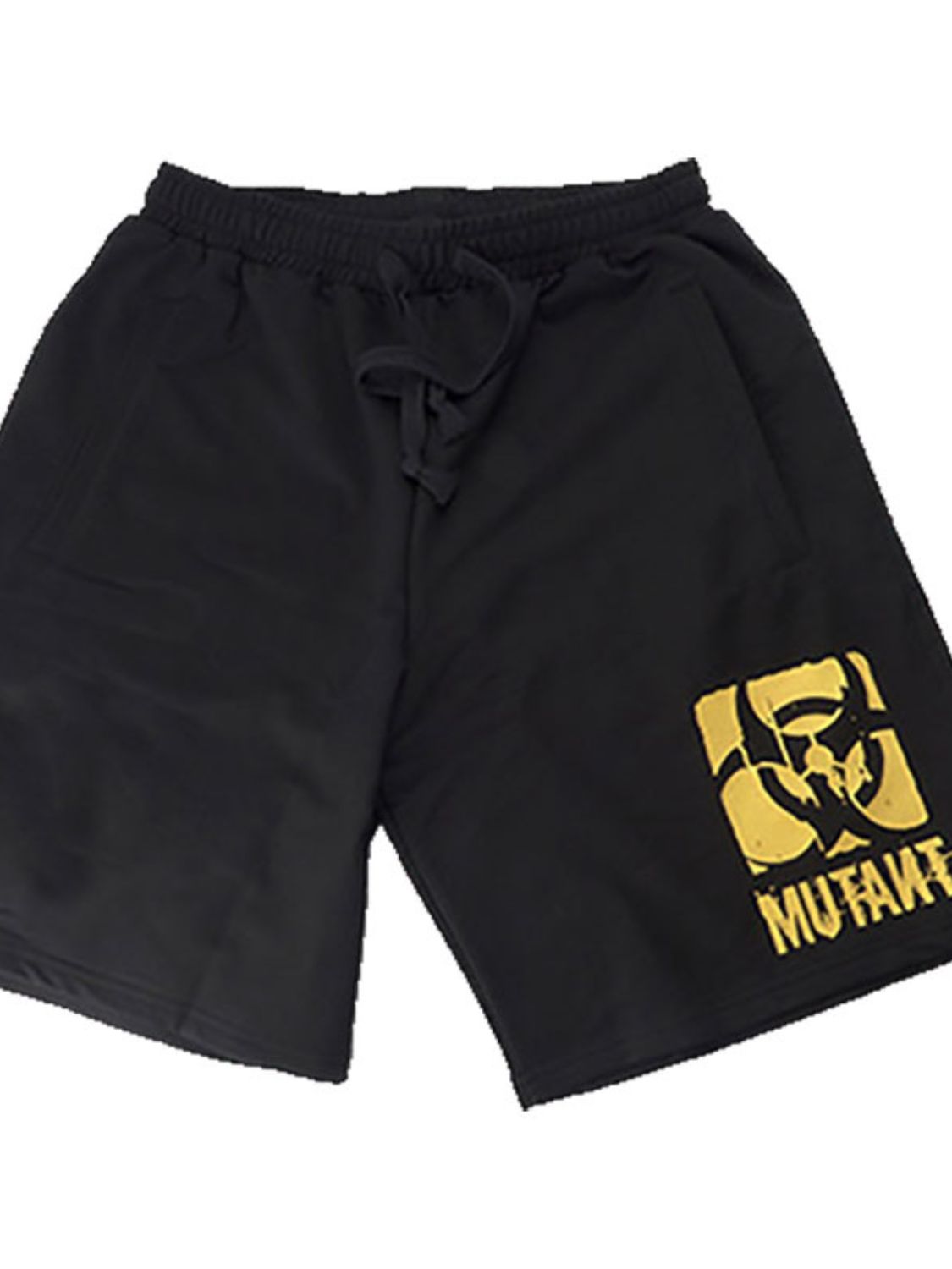 Trendsi affordable men's gym shorts in black with yellow graphic logo and comfortable fit
