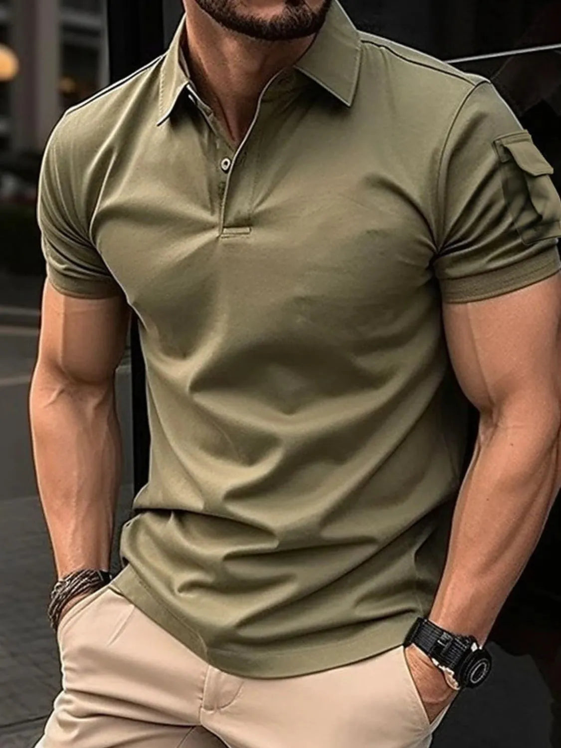 Men's olive green short sleeve polo for men with a classic fit and stylish design