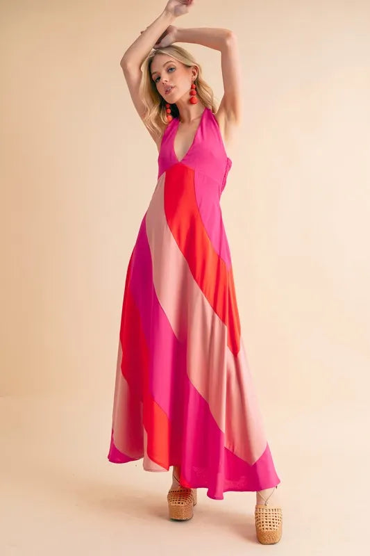 Trendsi sleeveless color block maxi dress in vibrant pink and red hues for a stylish summer look