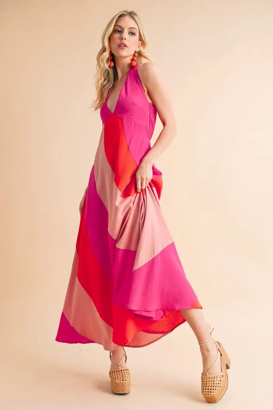 Trendsi sleeveless color block maxi dress in vibrant pink and coral for a stylish summer look