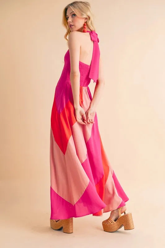 Trendsi sleeveless color block maxi dress in vibrant pink and coral hues with a comfortable fit