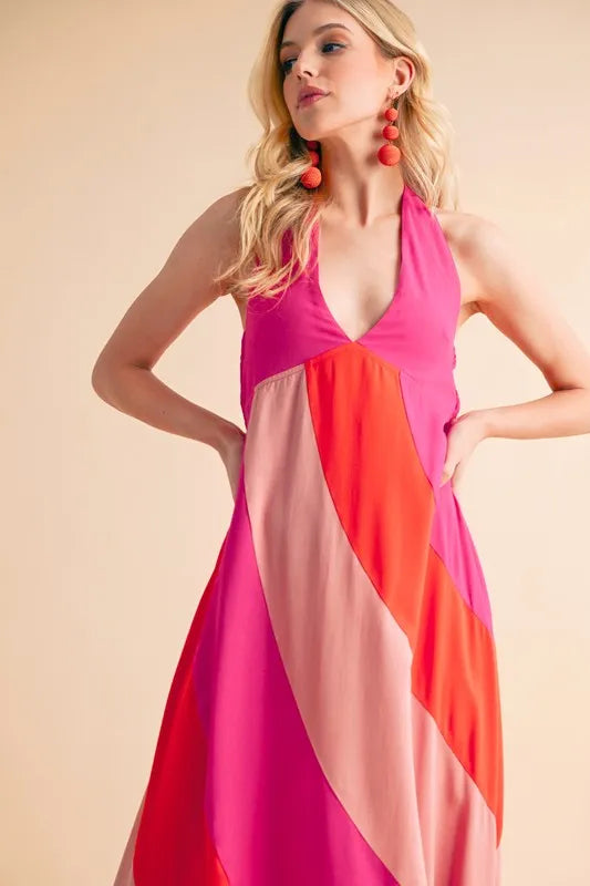 Trendsi sleeveless color block maxi dress in vibrant pink and red with a stylish halter neck design