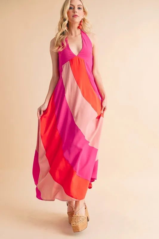 Sleeveless color block maxi dress in vibrant pink and orange shades, perfect for summer outings