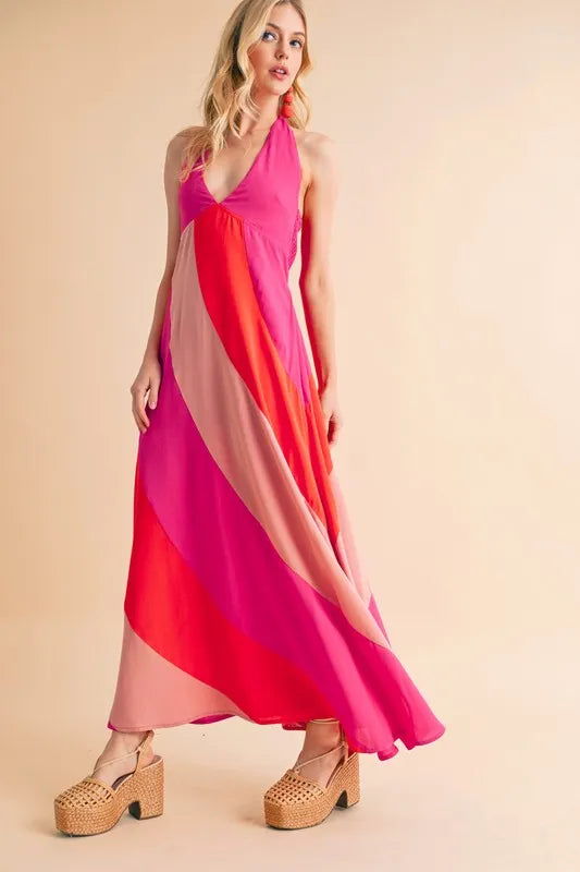 Trendsi sleeveless color block maxi dress in vibrant shades of pink, perfect for summer outings