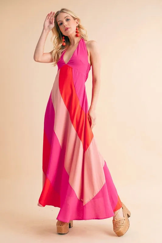 Trendsi sleeveless color block maxi dress in vibrant shades of pink with a flowing design