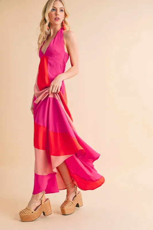 Trendsi sleeveless color block maxi dress in vibrant pink and orange for a stylish summer look