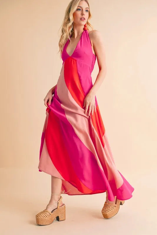 Trendsi sleeveless color block maxi dress featuring a vibrant pink and orange design