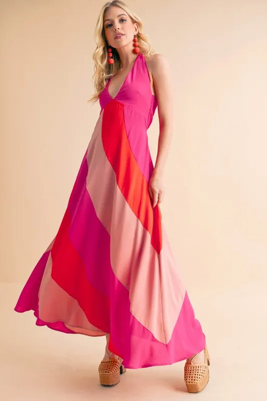 Trendsi sleeveless color block maxi dress featuring vibrant pink and peach tones for a stylish summer look