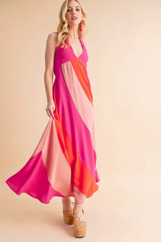 Stylish sleeveless color block maxi dress in vibrant pink and peach tones, perfect for summer outings