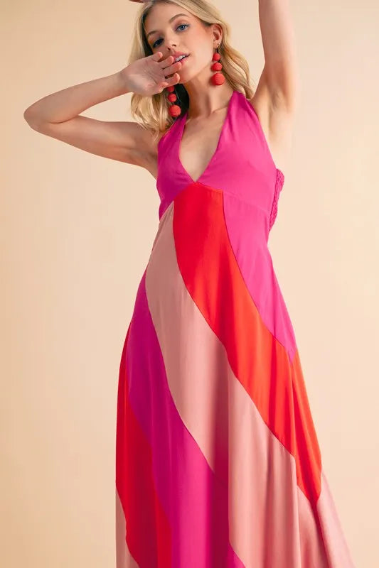 Trendsi sleeveless color block maxi dress in vibrant pink and coral shades, perfect for sunny days