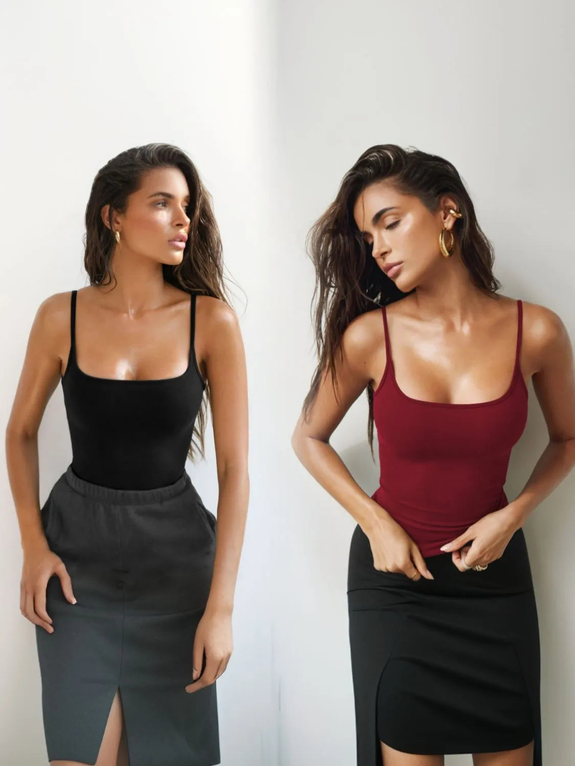 Trendy 2 piece cami outfit featuring a black and burgundy top, styled with skirts for a chic look