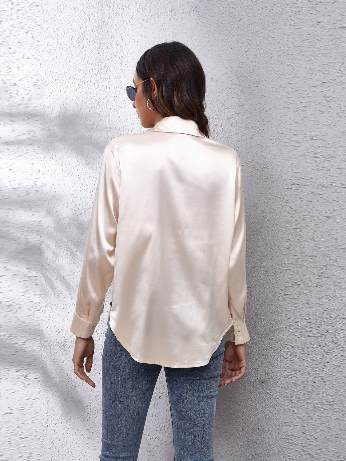 Back view of a stylish affordable long sleeve shirt in beige, perfect for casual or semi-formal wear
