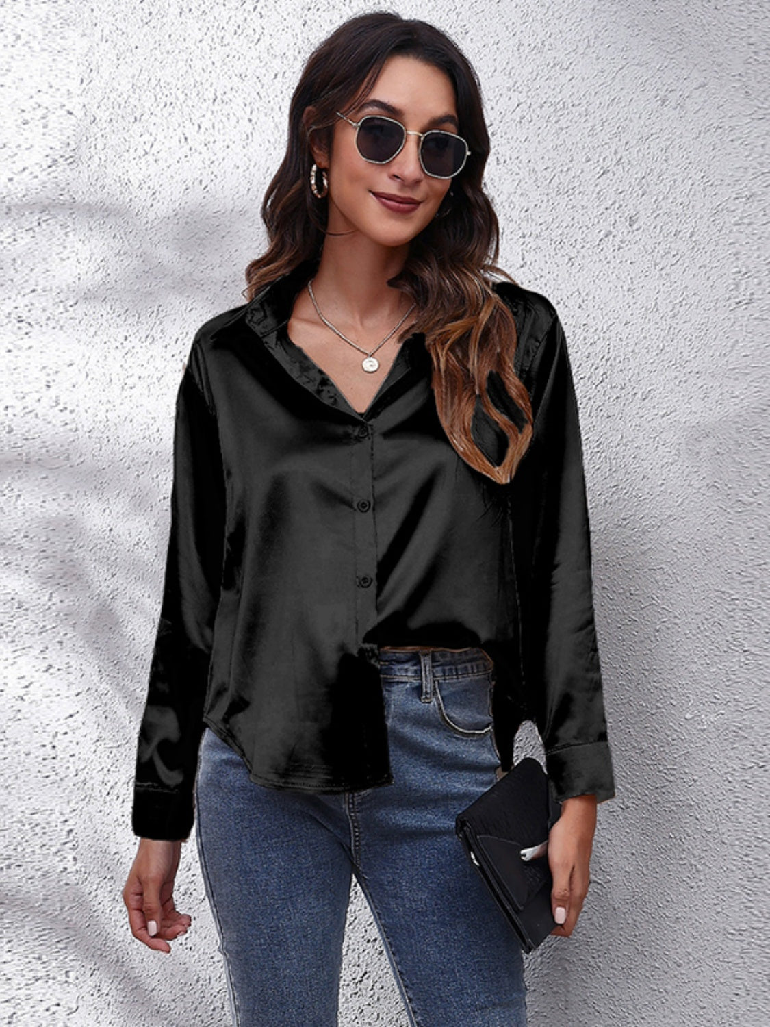 Trendsi affordable long sleeve shirt in black satin with a stylish v-neck design and button closure