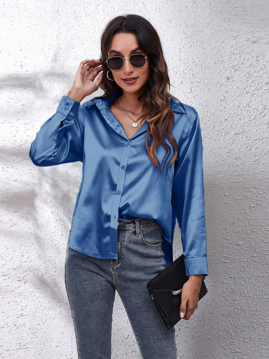 Trendsi Affordable Long Sleeve Shirt in Blue Satin with Classic Collar and Button Closure