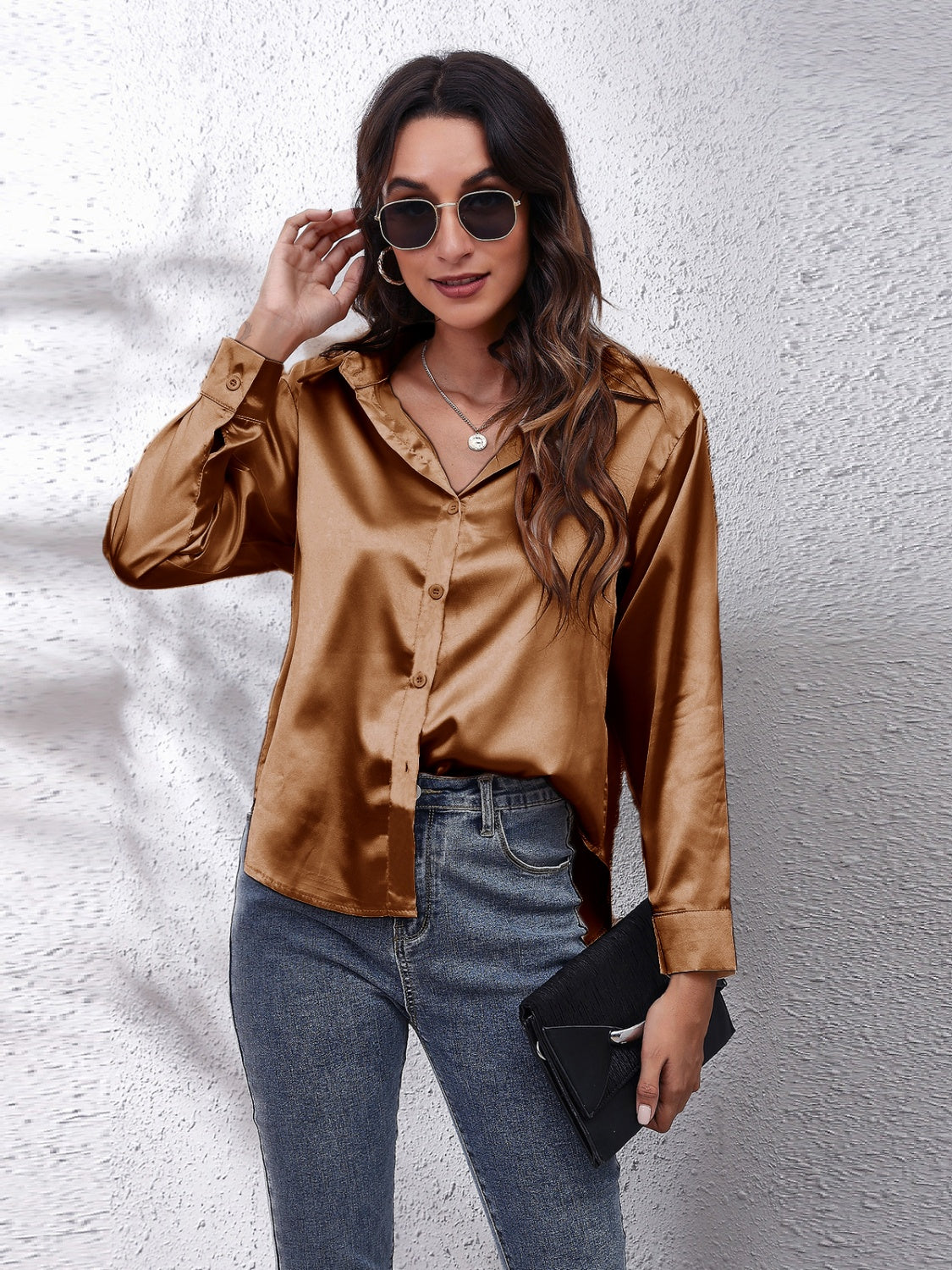 Trendsi affordable long sleeve shirt in golden brown satin finish, styled with high-waisted jeans