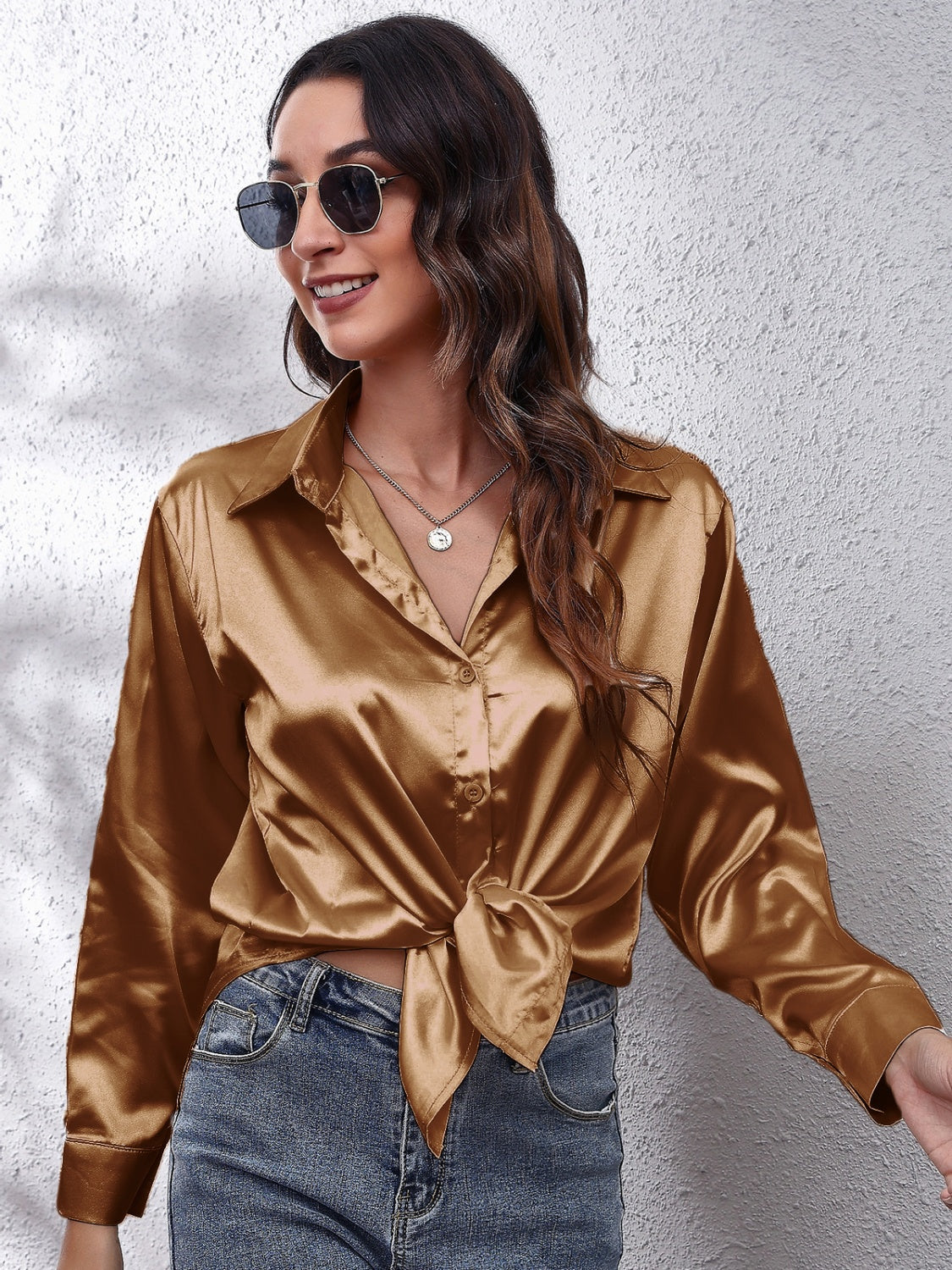 Trendsi affordable long sleeve shirt in shiny gold with a front knot and button-down design