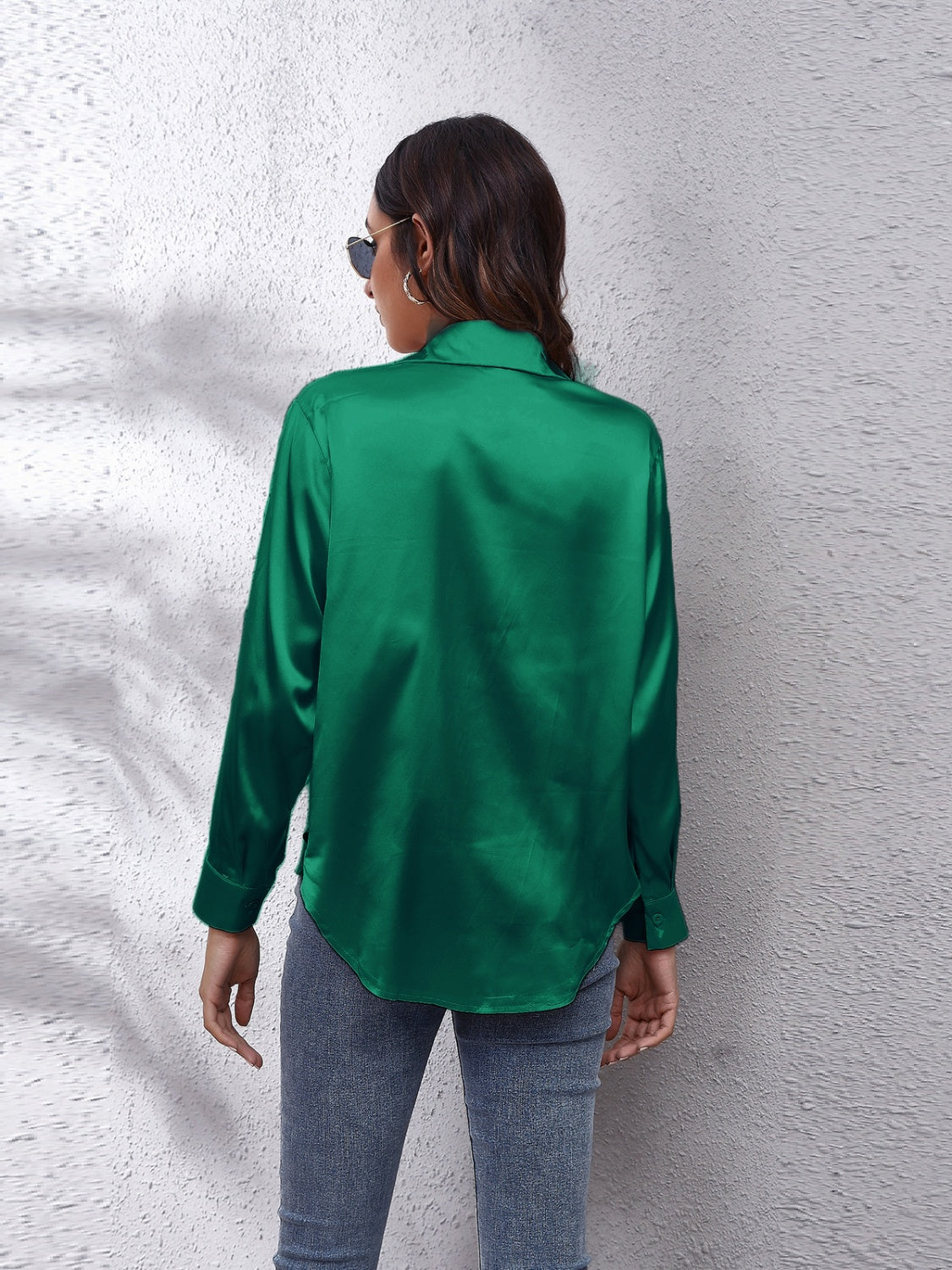 Trendsi affordable long sleeve shirt in green with a smooth satin finish and a relaxed fit